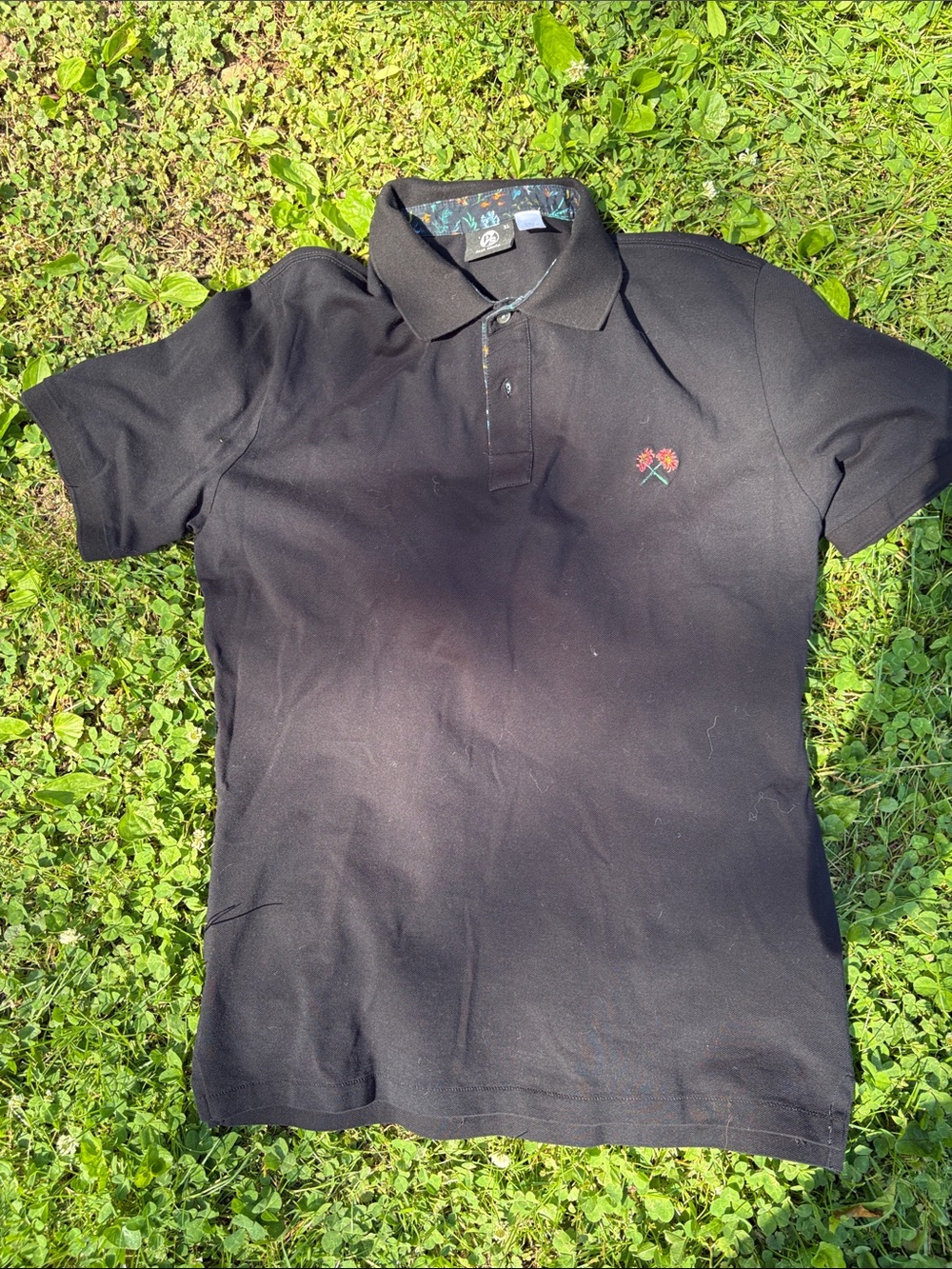 Paul Smith Black Polo with Small Red Floral Embroidery